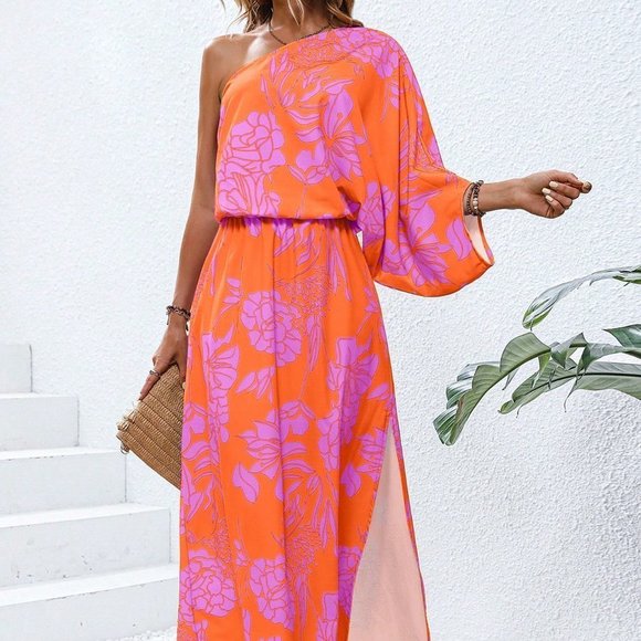 Multicolor Boho WomensFloral Print One Shoulder Batwing Sleeve Split Thigh Dress - Picture 4 of 5